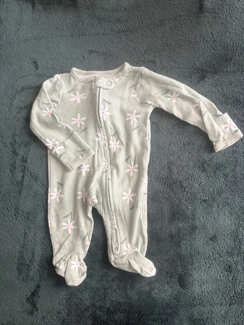 Baby Floral Footed One-Piece - Soft Green with Pink Flowers